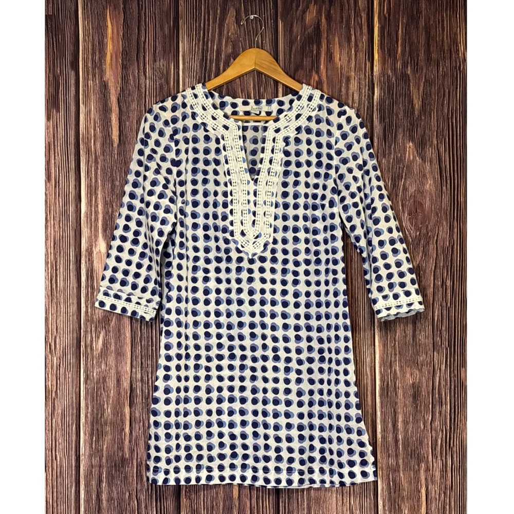 Boden Tunic Top Womens US 6R Blue Purple Polka Dot Cotton Crochet Trim Boho - Picture 2 of 14
